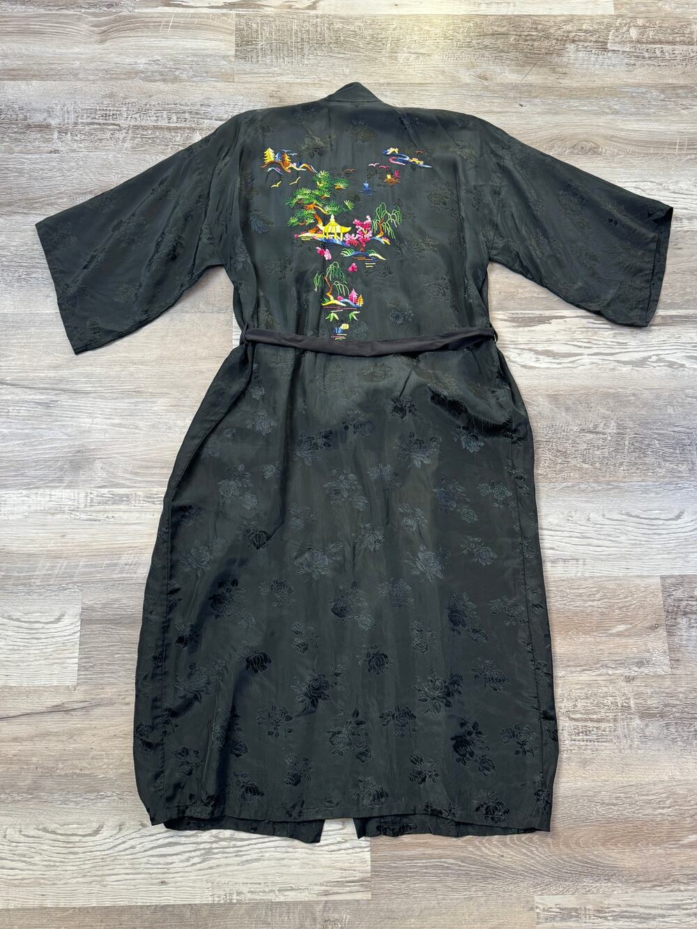 Vintage 70s 80s Chinese Embroidered Kimono Robe Floral Jacquard Maxi Duster S